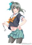  1girl adjustable_wrench aqua_skirt bangs black_legwear blue_bow blush bow bowtie commentary_request ebifurya eyebrows_visible_through_hair green_hair hair_bow hand_on_hip highres kantai_collection long_hair looking_at_viewer miniskirt navel open_mouth orange_bow orange_neckwear pantyhose ponytail red_eyes school_uniform serafuku short_sleeves simple_background skirt solo twitter_username white_background wrench yuubari_(kantai_collection) 