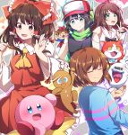  &gt;_&lt; 1boy 1other 3girls :d a.i._channel android ascot bandai bangs bare_shoulders baseball_cap black_hair black_shirt blue_eyes blue_shirt blush bow breasts brown_eyes brown_hair candy candy_cane caramell0501 cat character_request closed_eyes commentary cookie_run crossover detached_sleeves doukutsu_monogatari eyebrows_visible_through_hair fictional_character food frilled_bow frilled_shirt_collar frills frisk_(undertale) ghost gingerbread_man green_scarf hair_between_eyes hair_bow hair_tubes hairband hakurei_reimu hal_laboratory_inc. hand_up hands_up hat headphones highres holding holding_food hoshi_no_kirby human i_wanna_be_the_guy jibanyan kirby kirby_(series) kizuna_ai level-5 long_hair long_sleeves medium_breasts multiple_crossover multiple_girls namco nintendo olm_digital open_mouth pink_hairband quote red_bow red_skirt ribbon-trimmed_sleeves ribbon_trim sailor_collar scarf shirt short_hair sidelocks skirt skirt_set sleeveless sleeveless_shirt smile star studio_pixel super_smash_bros. symbol_commentary team_shanghai_alice toby_fox_(publisher) toei_animation touhou tv_tokyo undertale upper_body virtual_youtuber w warp_star warpstar_inc. whisper_(youkai_watch) white_sailor_collar white_shirt wide_sleeves yellow_neckwear youkai_watch youtube 