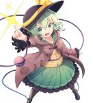  1girl :3 arm_up black_footwear black_hat black_legwear bow brown_coat coat fang frilled_skirt frilled_sleeves frills green_eyes green_skirt hair_between_eyes hat hat_bow index_finger_raised komeiji_koishi legs_apart long_hair long_sleeves nogisaka_kushio open_clothes open_coat open_mouth pleated_skirt pointing shirt shoes simple_background skirt solo sparkle standing third_eye touhou white_background yellow_bow yellow_shirt 