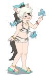  1girl aardwolf_(kemono_friends) aardwolf_print absurdres animal_print appleq arm_at_side bangs bare_arms bare_shoulders barefoot_sandals bikini bikini_under_clothes bird black_hair blush bow breasts buttons cleavage closed_eyes commentary_request extra_ears eyebrows_visible_through_hair flying flying_sweatdrops front-tie_bikini front-tie_top full_body grey_hair hair_between_eyes hair_bow hand_up happy high_ponytail highres jewelry kemono_friends long_hair motion_lines multicolored_hair navel open_clothes open_fly open_mouth open_shorts pendant ponytail print_bikini print_shorts print_swimsuit pulling sandals shell shell_necklace shorts sidelocks simple_background small_breasts smile stomach string_pull swimsuit swimsuit_under_clothes toes two-tone_hair unbuttoned walking white_background wristband |d 