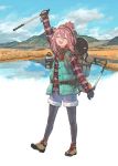  1girl :d arm_up backpack bag belt closed_eyes clouds fingerless_gloves full_body gloves hat highres holding iwauchi_tomoki kagamihara_nadeshiko landscape open_mouth outdoors pantyhose pantyhose_under_shorts pink_hair plaid plaid_shirt shirt shorts sky smile solo thermos trekking_pole vest water yurucamp 