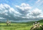  1boy animal arrow bird blue_sky bow_(weapon) clouds cloudy_sky commentary_request day flock flower gauntlets grass highres hill horse male_focus meadow original pink_flower plant reins robe rock scenery shiki_makoto short_hair signature sky solo standing weapon white_hair white_robe wide_shot 