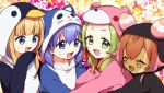  4girls :d ^_^ animal_costume animal_ears animal_hood bangs bear_costume blonde_hair blue_eyes blue_hair blush cat_costume cat_ears cat_hood cat_pajamas closed_eyes closed_eyes eyebrows_visible_through_hair facial_mark green_hair hair_between_eyes hand_up hood hood_up hug long_hair looking_at_viewer mononobe_alice morinaka_kazaki multiple_girls nijisanji open_mouth pajamas penguin_costume pink_hair see-through sidelocks smile star sweat ushimi_ichigo v-shaped_eyebrows virtual_youtuber yamabukiiro yuuhi_riri 