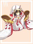  1girl animal_ears azur_lane bangs bell black_hair dress eyebrows_visible_through_hair fox_ears hair_ornament hood japanese_clothes kitsune kkkula_(kula) long_hair long_sleeves nagato_(azur_lane) solo wide_sleeves 