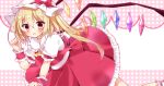  1girl :d ai_1003 bangs blonde_hair blush bow collared_shirt commentary_request crystal eyebrows_visible_through_hair fang flandre_scarlet frilled_shirt_collar frilled_skirt frills hair_between_eyes hat hat_bow highres long_hair looking_at_viewer mob_cap one_side_up open_mouth pleated_skirt polka_dot polka_dot_background puffy_short_sleeves puffy_sleeves red_bow red_eyes red_skirt red_vest shirt short_sleeves skirt skirt_set smile solo touhou very_long_hair vest white_hat white_shirt wings wrist_cuffs 