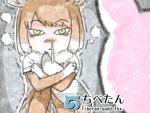  1girl animal_ears bangs bodystocking brown_hair character_name chibi closed_mouth crossed_arms eyebrows_visible_through_hair fox_ears fox_tail fur_scarf hood hood_up japari_symbol kemono_friends knees_up long_sleeves looking_at_another medium_hair multicolored_hair murakami_kou_(raye) scarf shirt short_over_long_sleeves short_sleeves sitting snot solo_focus swept_bangs tail tibetan_sand_fox_(kemono_friends) trembling tsurime two-tone_hair white_hair white_shirt yellow_eyes 