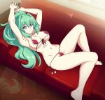  1girl armpits arms_up bare_legs barefoot bra breasts choujigen_game_neptune chuunioniika cleavage commentary couch english_commentary eyebrows_visible_through_hair fur-trimmed_bra fur-trimmed_panties green_hair green_heart green_nails hair_between_eyes highres large_breasts long_hair looking_at_viewer lying nail_polish navel neptune_(series) on_back panties pom_pom_(clothes) ponytail power_symbol red_bra red_panties side-tie_panties solo spike_wible stomach string_bra string_panties symbol-shaped_pupils toenail_polish twitter_username underwear violet_eyes 