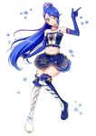  1girl aikatsu!_(series) aikatsu_stars! asymmetrical_legwear blue_gloves blue_hair blue_skirt boots collar earrings 