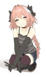  1boy astolfo_(fate) bow braid choker denim denim_shorts elbow_gloves fate/apocrypha fate_(series) gloves heart heart-shaped_pupils pink_hair shiny shiny_skin shirt short_shorts shorts sky_(freedom) smile squatting striped striped_shirt symbol-shaped_pupils thigh-highs trap v white_background 