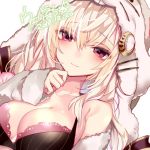  1girl black_bra blonde_hair blush bra breasts cleavage close-up closed_mouth crescent crescent_hair_ornament dated eyebrows_visible_through_hair face flower_knight_girl hair_ornament hood large_breasts long_hair looking_at_viewer oenothera_(flower_knight_girl) raised_eyebrows signature simple_background smile solo uehara_(higanbachi) underwear violet_eyes white_background 