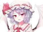  1girl ascot bangs bat_wings blue_hair blush commentary dress eyebrows_visible_through_hair eyelashes fangs frilled_shirt_collar frills hair_between_eyes hat hat_ribbon looking_at_viewer minust mob_cap parted_lips portrait puffy_short_sleeves puffy_sleeves red_eyes red_neckwear red_ribbon remilia_scarlet ribbon short_sleeves simple_background smile solo touhou white_background white_dress white_hat wings 