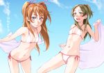  2girls :d arms_behind_back bikini blue blue_sky blush brown_hair collarbone day eyes flat_chest green_eyes hair_between_eyes hair_bobbles hair_ornament hair_ribbon highres holding houjou_hibiki long_hair looking_at_viewer minamino_kanade multiple_girls open_mouth outdoors outstretched_arms pink_ribbon ponytail precure ribbon sakura_kotetsu side-tie_bikini sky smile suite_precure swimsuit twintails very_long_hair white_bikini 