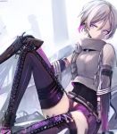  1girl arm_support artist_name bangs black_gloves blue_eyes boots breasts commentary_request dyolf eyebrows_visible_through_hair girls_frontline gloves grey_shirt gun hair_between_eyes head_tilt holding holding_gun holding_weapon knee_up multicolored_hair pink_hair purple_footwear purple_legwear purple_shorts shirt short_hair short_shorts shorts signature silver_hair sitting small_breasts solo streaked_hair thigh-highs thigh_boots thompson/center_contender_(girls_frontline) weapon 