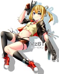  1girl :3 asymmetrical_legwear bangs black_bra black_gloves black_jacket black_legwear black_panties black_shorts blonde_hair blue_eyes bra breasts buttons character_name closed_mouth commentary_request crop_top cropped_jacket dual_wielding eyepatch full_body girls_frontline gloves gun hair_between_eyes hair_ornament hand_up highleg highleg_panties highres holding holding_gun holding_weapon jacket kneehighs long_hair looking_at_viewer midriff navel neck_ribbon open_clothes open_jacket panties red_footwear red_neckwear ribbon rukinya_(nyanko_mogumogu) shadow shirt shoes short_shorts short_sleeves shorts sidelocks simple_background single_kneehigh single_thighhigh skorpion_vz._61 small_breasts smile sneakers solo stomach submachine_gun thigh-highs thigh_strap thighs twintails underwear vz.61_(girls_frontline) weapon white_background yellow_shirt 