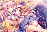  1girl absurdres battlequeenyume breasts colorful hair_ornament highres large_breasts open_mouth pink_eyes pink_hair ribbon sailor scrunchie skirt smile thick_thighs thighs violet_(flower) water wrist_scrunchie 