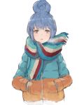  1girl blue_hair breath hair_bun hands_in_pockets highres iwauchi_tomoki jacket open_mouth scarf shima_rin solo striped striped_scarf violet_eyes white_background winter_clothes yurucamp 