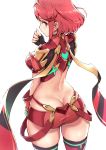  1girl ass bangs breasts earrings fingerless_gloves gloves haoni headpiece pyra_(xenoblade) jewelry large_breasts looking_at_viewer nintendo red_eyes red_shorts redhead short_hair shorts shoulder_armor simple_background solo swept_bangs tiara xenoblade_(series) xenoblade_2 