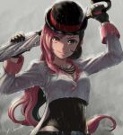  1girl belt black_gloves bowler_hat breasts brown_eyes brown_hair buttons cleavage clouds cloudy_sky gloves grey_sky hat hat_feather heterochromia highres jewelry leotard long_hair long_sleeves looking_at_viewer multicolored_hair necklace neo_(rwby) pink_eyes pink_hair rain rwby sky sleeve_cuffs smile solo two-tone_hair umbrella ume_(yume_uta_da) 