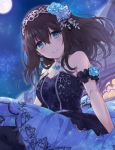  1girl arm_garter bangs bare_shoulders black_dress black_hair blue_eyes blue_flower blue_rose blue_skirt blush breasts cleavage closed_mouth diadem dress earrings floral_print flower hair_between_eyes hair_flower hair_ornament idolmaster idolmaster_cinderella_girls idolmaster_cinderella_girls_starlight_stage jewelry long_hair looking_at_viewer medium_breasts moon necklace night night_sky rose sagisawa_fumika sitting skirt sky smile solo stenciled_rose yabudatami 