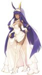  1girl animal_ears bangs bare_shoulders blunt_bangs blush breasts closed_mouth dark_skin dress elbow_gloves eyeliner facepaint facial_mark fate/grand_order fate_(series) flower full_body garter_straps gloves hairband haoni high_heels hips jackal_ears legs long_hair looking_at_viewer makeup medium_breasts nitocris_(fate/grand_order) purple_hair rose sidelocks solo standing thighs veil very_long_hair violet_eyes white_dress white_flower white_footwear white_gloves white_legwear white_rose 