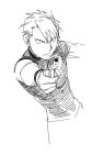  1boy aiming black_shirt blackfoxes finger_on_trigger frown fullmetal_alchemist genderswap genderswap_(ftm) gun handgun highres looking_away male_focus monochrome outstretched_arm pistol pointing pointing_weapon riza_hawkeye shirt short_hair simple_background weapon white_background 