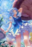 1girl absurdres bloomers blue_bow blue_dress blue_eyes blue_hair blue_sky bow breasts cirno clouds cloudy_sky day dress flower hair_bow highres ice ice_wings medium_breasts mushroom outdoors puffy_short_sleeves puffy_sleeves red_bow red_ribbon revision ribbon short_dress short_hair short_sleeves sky smile solo sonikey0_0 sun touhou underwear wings wrist_cuffs 
