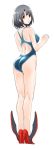  1girl akito_(pixiv3623507) ass back black_hair blue_swimsuit blush breasts eyebrows_visible_through_hair full_body hair_between_eyes high_heels kantai_collection large_breasts looking_at_viewer looking_back one-piece_swimsuit red_eyes short_hair simple_background solo standing swimsuit takao_(kantai_collection) white_background 