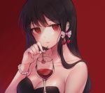  1girl bangs bare_shoulders black_hair bow bracelet breasts cherry cleavage closed_mouth collarbone commentary cup drinking_glass earrings english_commentary eyebrows_visible_through_hair fingernails food fruit head_tilt holding holding_food jewelry long_hair looking_at_viewer medium_breasts original ozzingo pearl_bracelet pink_bow red_background red_eyes sharp_fingernails simple_background solo strapless upper_body wine_glass 
