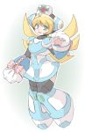  1girl :d android blonde_hair bow cat_paws cinnamon full_body graphite_(medium) green_eyes hat long_hair nurse nurse_cap open_mouth paws rockman rockman_x rockman_x_command_mission simple_background smile solo thigh-highs tobitori traditional_media 