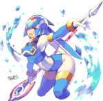  1girl android arched_back bent_over blue_eyes blush bodysuit boots breasts capcom cropped_legs dated gloves helmet iroyopon leviathan_(rockman) medium_breasts open_mouth polearm rockman rockman_zero signature smile solo spear thigh-highs water weapon white_background white_gloves 