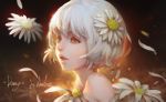  1girl antilous artist_name bare_shoulders flower hair_flower hair_ornament lips looking_to_the_side nose original parted_lips petals portrait short_hair simple_background solo white_hair yellow_eyes 