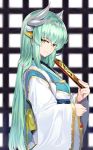  1girl blush dragon_girl dragon_horns fan fate/grand_order fate_(series) green_hair highres holding holding_fan horns japanese_clothes kimono kiyohime_(fate/grand_order) long_hair looking_at_viewer ninoude_(ninoude44) sash smile solo wide_sleeves yellow_eyes 