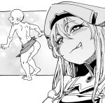  1girl ass blush goblin goblin_slayer goblin_slayer! greyscale hat licking_lips long_hair monochrome priestess_(goblin_slayer!) role_reversal saliva sturkey tongue tongue_out you_gonna_get_raped 