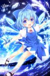  1girl :d ahoge black_footwear blue_bow blue_dress blue_eyes blue_hair blush bow cirno collared_shirt commentary_request dress enjoy_mix feet_out_of_frame hair_bow holding ice ice_wings lake looking_at_viewer mary_janes neck_ribbon night night_sky open_mouth outdoors outline outstretched_arms pinafore_dress puffy_short_sleeves puffy_sleeves red_ribbon ribbon shirt shoes short_hair short_sleeves sky smile snowflakes socks solo sparkle spread_arms touhou water white_legwear white_shirt wing_collar wings 