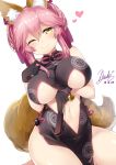  1girl animal_ear_fluff animal_ears bangs bare_shoulders black_dress black_gloves blush breasts china_dress chinese_clothes cleavage closed_mouth dress eyebrows_visible_through_hair fan fate/grand_order fate_(series) folding_fan fox_ears fox_tail gloves hair_between_eyes hair_ribbon heart highres koyanskaya large_breasts looking_at_viewer navel one_eye_closed pink_hair pink_ribbon ribbon side_slit simple_background smile solo subaru_(794829485) tail tamamo_(assassin)_(fate) tamamo_(fate)_(all) tamamo_no_mae_(fate) upper_body white_background yellow_eyes 