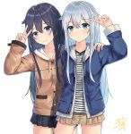  2girls akatsuki_(kantai_collection) arm_up bangs black_skirt blue_eyes blue_jacket blush brown_jacket brown_skirt closed_mouth collarbone commentary_request cowboy_shot drawstring eyebrows_visible_through_hair fingernails hair_between_eyes hibiki_(kantai_collection) hood hood_down hooded_jacket jacket kantai_collection leaning_to_the_side long_hair long_sleeves miko_fly miniskirt multiple_girls open_clothes open_jacket parted_lips pleated_skirt purple_hair shirt signature silver_hair simple_background skirt sleeves_past_wrists smile striped striped_shirt v very_long_hair violet_eyes white_background 