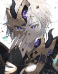  1boy armor bishounen broken broken_mask commentary_request face fate/grand_order fate_(series) fingerless_gloves gao_changgong_(fate) gem gloves hair_between_eyes looking_at_viewer male_focus mask parted_lips portrait reichiou revision shatter short_hair silver_hair simple_background solo violet_eyes white_background 