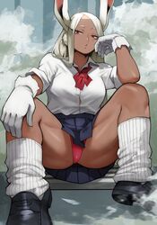  1girl absurdres animal_ears bangs boku_no_hero_academia breasts dark-skinned_female dark_skin highres large_breasts long_eyelashes long_hair looking_at_viewer mirko open_mouth parted_bangs rabbit_ears rabbit_girl red_eyes revision sitting solo white_hair yoshio_(55level) 