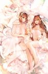  2girls bangs blush bouquet breasts bridal_veil brown_hair cleavage commission danyagoe dress elbow_gloves eyebrows_visible_through_hair flower garter_straps girls_frontline gloves green_eyes hair_between_eyes hair_rings hand_holding headgear high_heels highres jewelry kantai_collection lace large_breasts long_hair looking_at_viewer m1903_springfield_(girls_frontline) multiple_girls mutsu_(kantai_collection) open_mouth ponytail ring short_hair sidelocks smile sparkle thigh-highs veil wedding_dress wedding_ring white_dress white_footwear white_gloves white_legwear 