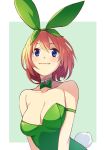  1girl bare_shoulders blue_eyes breasts bunny_tail bunnysuit cleavage collarbone commentary_request detached_collar go-toubun_no_hanayome green_background green_ribbon hair_between_eyes hair_ribbon medium_breasts nakano_yotsuba orange_hair ribbon saiste short_hair simple_background smile solo tail upper_body 