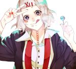  1boy :p androgynous candy food hair_ornament hairclip lollipop looking_at_viewer male_focus ringogumitei shirt smile solo stitches suzuya_juuzou tokyo_ghoul tongue tongue_out v violet_eyes white_hair x_hair_ornament 