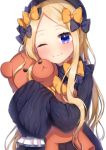  1girl :t abigail_williams_(fate/grand_order) akirannu bangs black_bow black_dress black_hat blonde_hair blue_eyes blush bow closed_mouth commentary_request dress fate/grand_order fate_(series) forehead hair_bow hat head_tilt highres long_hair long_sleeves object_hug one_eye_closed orange_bow parted_bangs polka_dot polka_dot_bow simple_background sleeves_past_fingers sleeves_past_wrists solo stuffed_animal stuffed_toy teddy_bear upper_body very_long_hair white_background 