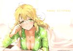  1girl ahoge blonde_hair blush breasts cleavage collarbone dress_shirt eyebrows_visible_through_hair green_eyes hair_between_eyes happy_birthday hoshii_miki idolmaster idolmaster_(classic) jyon long_hair looking_at_viewer lying medium_breasts on_stomach open_clothes open_shirt shiny shiny_hair shirt smile solo under_covers 