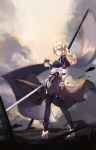  1girl armor armored_dress black_bow black_dress black_legwear blonde_hair blue_eyes bow braid braided_ponytail clouds dress fate/apocrypha fate_(series) floating_hair from_behind full_body gauntlets hair_bow headpiece high_heels holding holding_sword holding_weapon jeanne_d&#039;arc_(fate) jeanne_d&#039;arc_(fate)_(all) long_hair looking_at_viewer looking_back myouga_(pixiv6722882) outdoors side_slit single_braid solo standing sword thigh-highs very_long_hair weapon 