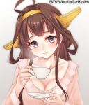  1girl alternate_costume blouse blush breasts brown_hair closed_mouth cup double_bun gradient gradient_background headgear highres kantai_collection kongou_(kantai_collection) large_breasts long_hair looking_at_viewer nuka_(nvkka) plate solo violet_eyes 