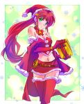  1girl boots box capelet christmas circlet dress forehead_protector fur_trim gift gift_box gloves green_eyes hat highres iesupa long_hair midriff navel off_shoulder ponytail pyrrha_nikos red_dress red_gloves redhead rwby santa_costume santa_hat solo thigh-highs thigh_boots 