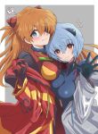  2girls ayanami_rei blue_eyes blue_hair breasts eyepatch fujitaka_nasu highres multiple_girls neon_genesis_evangelion plugsuit rebuild_of_evangelion red_eyes redhead shikinami_asuka_langley smile souryuu_asuka_langley wavy_mouth 