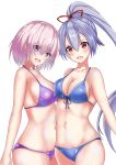 2girls :d bikini blue_bikini blue_swimsuit blush breast_press breasts cleavage collarbone commentary_request eyes_visible_through_hair fate/grand_order fate_(series) front-tie_bikini front-tie_top hair_between_eyes hair_over_one_eye hair_ribbon head_tilt large_breasts long_hair looking_at_viewer mash_kyrielight multiple_girls navel open_mouth ponytail purple_bikini purple_hair purple_swimsuit red_eyes red_ribbon ribbon ryuunonon short_hair silver_hair simple_background smile swimsuit tomoe_gozen_(fate/grand_order) very_long_hair violet_eyes white_background 