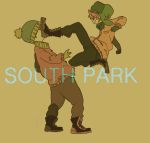  2boys beanie brown_hair coat eric_cartman flying_kick fur_hat gloves hat keishin kicking kyle_broflovski male_focus multiple_boys redhead short_hair south_park ushanka 