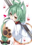  1girl :d ahoge akashi_(azur_lane) animal_ear_fluff animal_ears azur_lane bangs blush bow brown_bow brown_eyes cat_ears commentary_request dress eyebrows_visible_through_hair glint green_hair hair_between_eyes hair_bow hand_up highres kirisame_mia long_hair long_sleeves looking_at_viewer open_mouth ruby_(stone) simple_background sleeves_past_fingers sleeves_past_wrists smile solo very_long_hair white_background white_dress wide_sleeves 